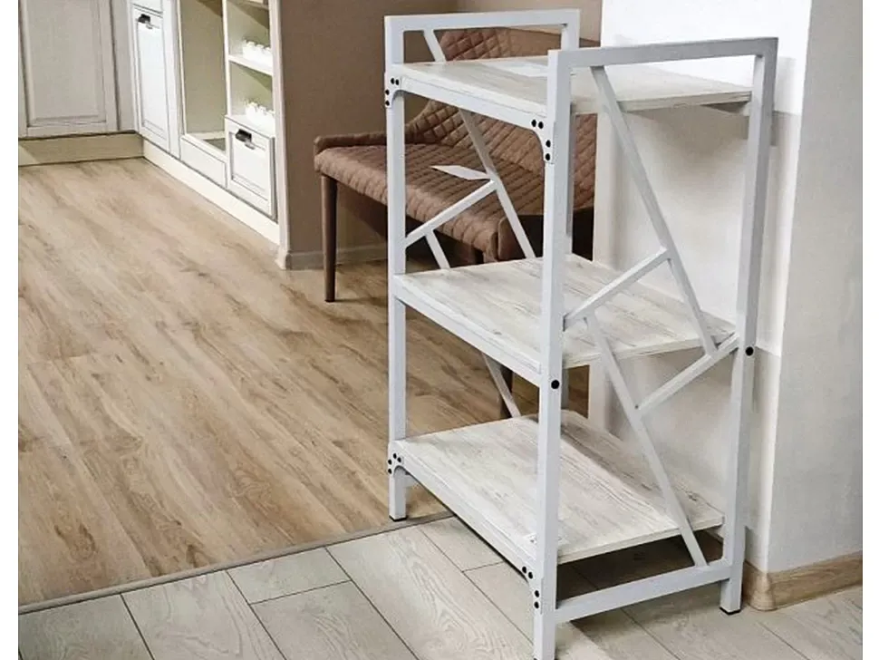 Белый стеллаж Ромбо Loft цвет ДСП Аляска фото в интерьере мебельная фабрика Металл-Дизайн 3 полки
