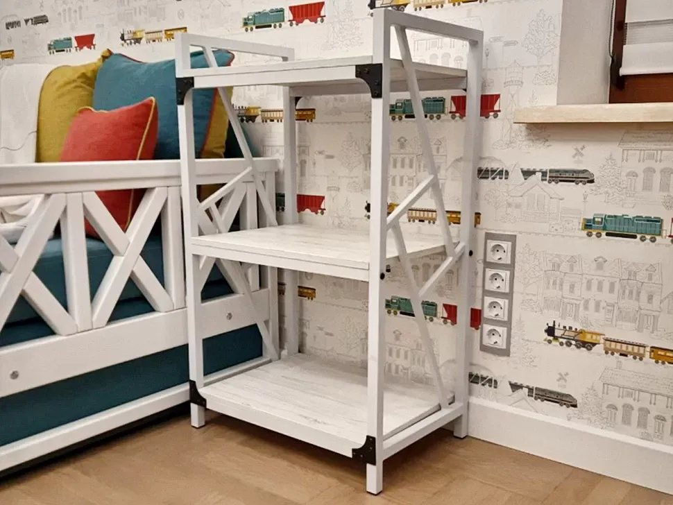 Белый стеллаж Ромбо Loft цвет ДСП Аляска фото в интерьере мебельная фабрика Металл-Дизайн 3 полки