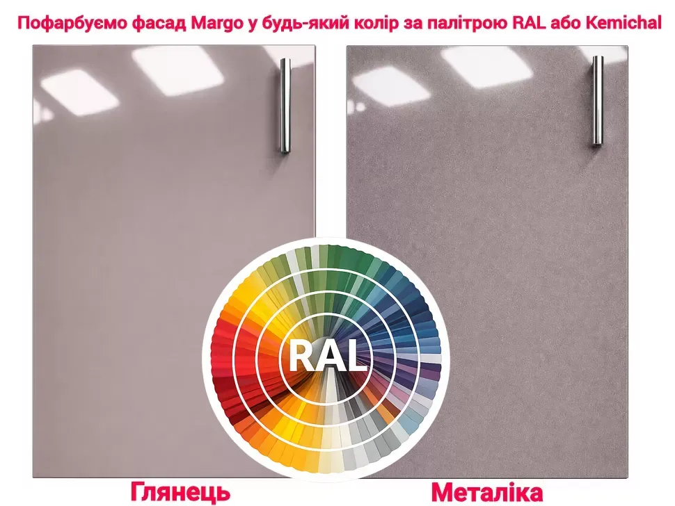 Фасади кухні «Марго» - фарбування в будь-який колір RAL або Kemichal, глянець або ефект металік на вибір.
