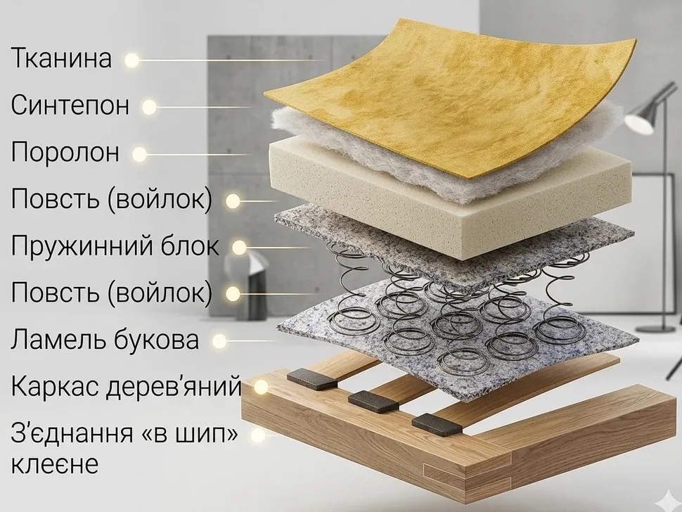 Слои матраса дивана «Пума» Киевский-Стандарт, механизм книжка