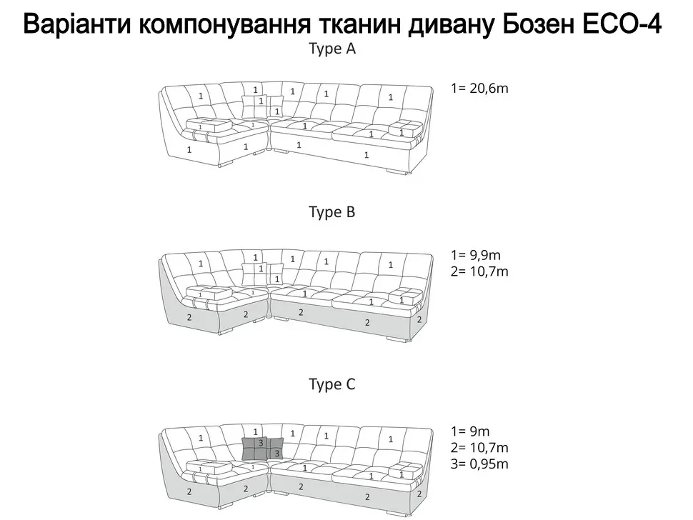 Варыанти компановки тканин  кутового дивану Бозен-ЕСО-4 Константа модульний пума