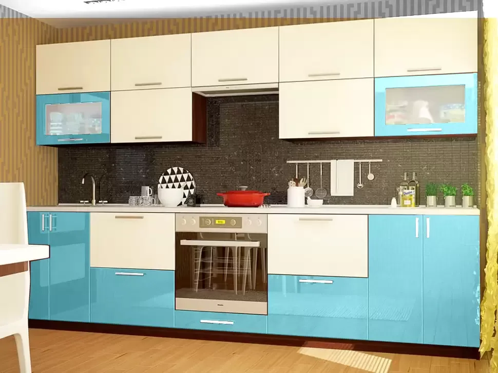 Двухцветная бело-голубой металлик прямая кухня Color-MIX VIP-Master 3 метра Двухцветная бело-голубой металлик прямая кухня Color-MIX VIP-Master 3 метра