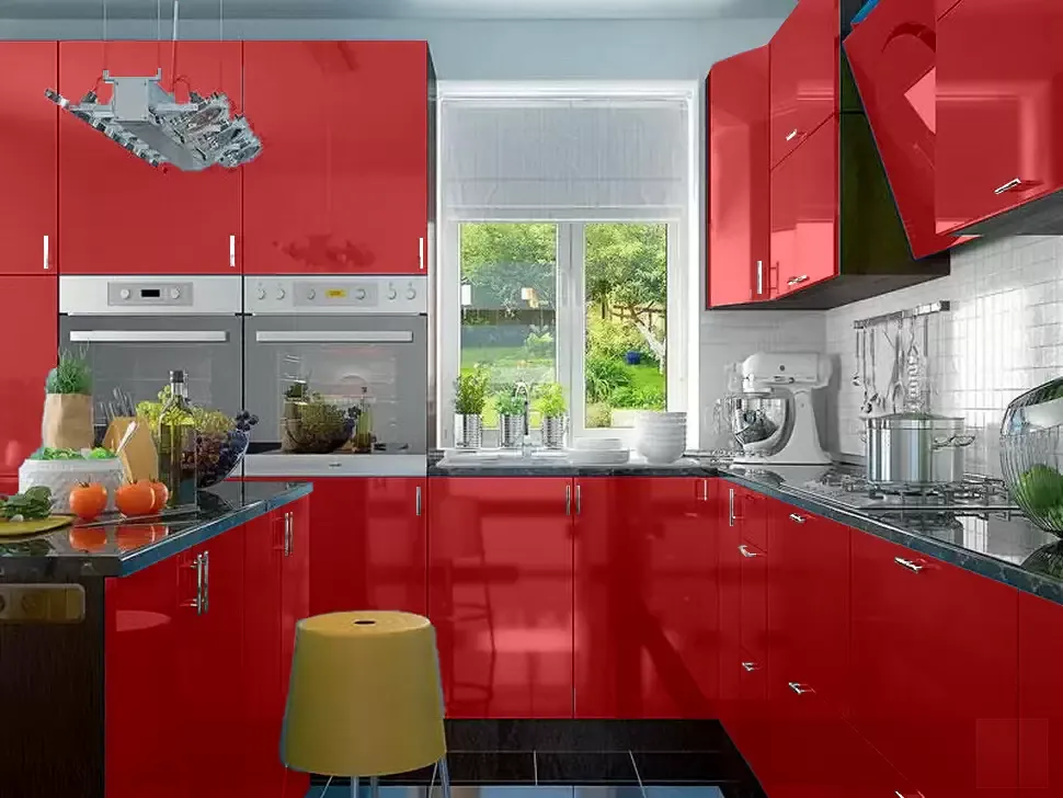 Красная угловая кухня с островом Color-MIX VIP-Master 3200x2140x2800