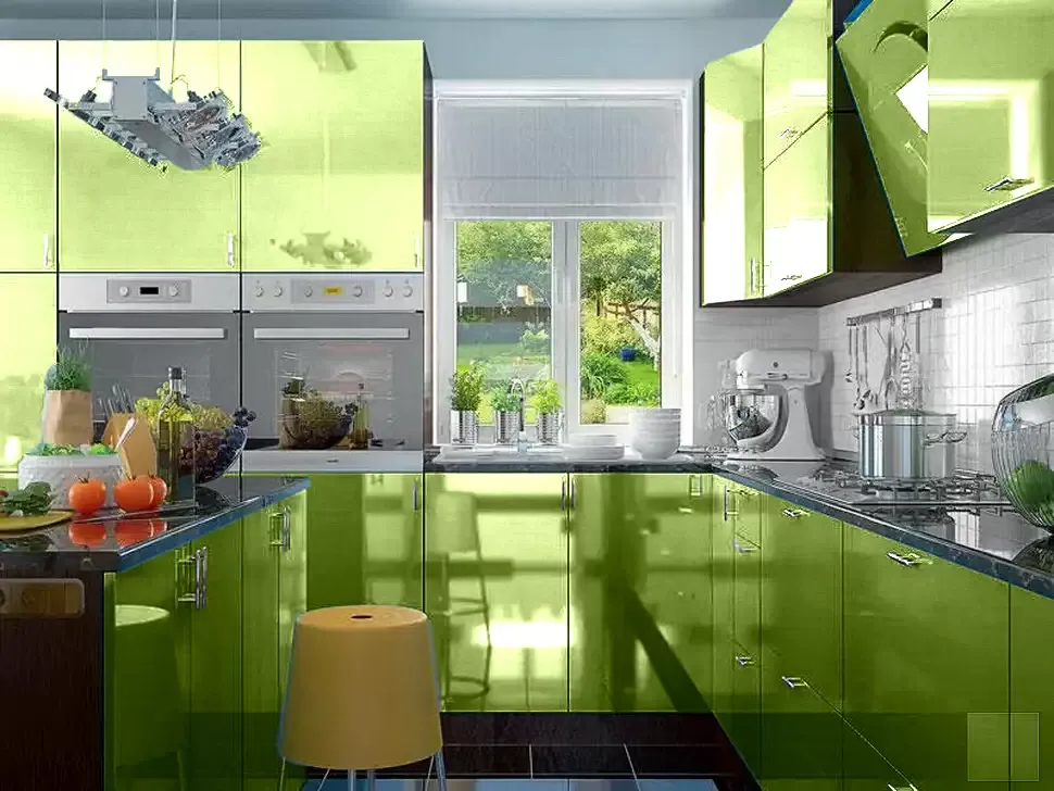 Оливковый металлик угловая кухня с островом Color-MIX VIP-Master 3200x2140x2800