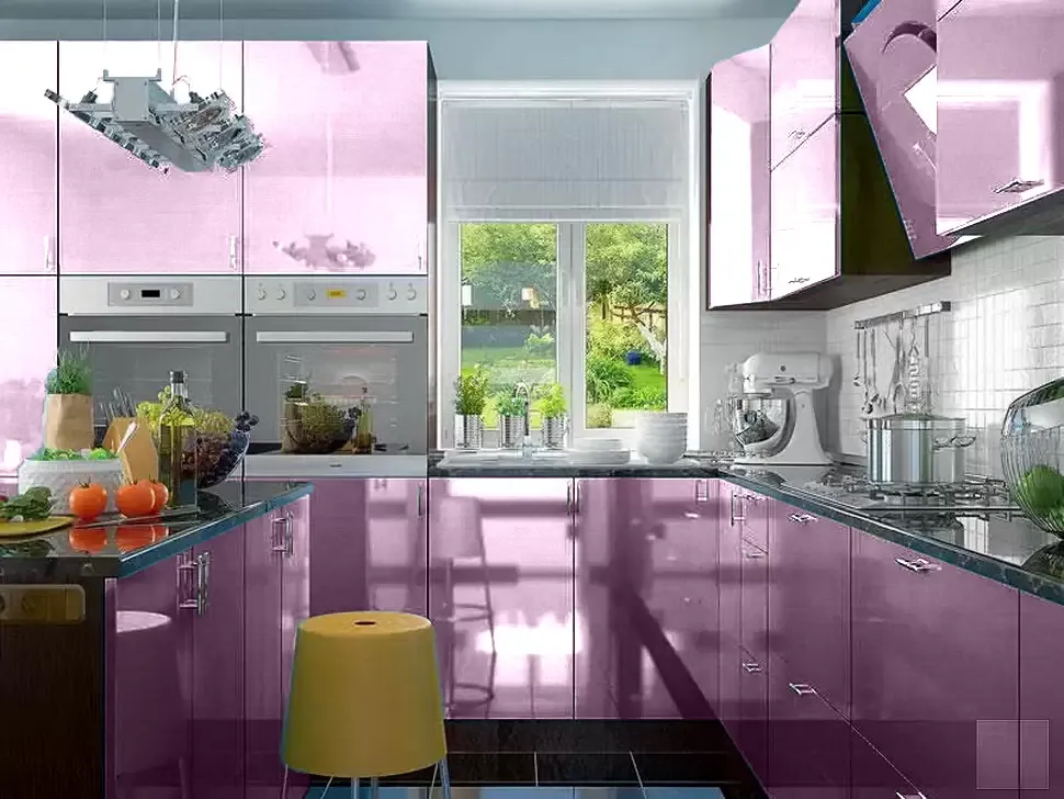 Розовый металлик угловая кухня с островом Color-MIX VIP-Master 3200x2140x2800