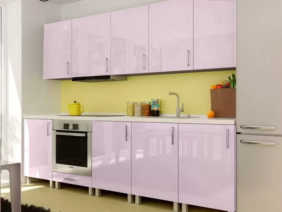 Розовый металлик прямая кухня ВИП-Мастер Марго кашемир 3 метра, на ножках