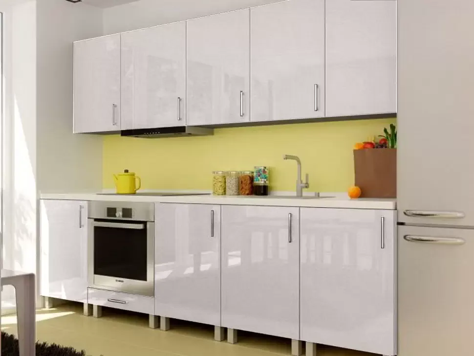 Белый металлик прямая кухня ВИП-Мастер Марго кашемир 3 метра, на ножках