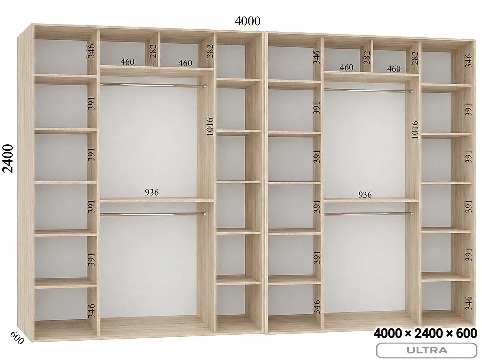 Розміри шафи-купе 4000×2400×600 Фенікс Ультра чотиридверна