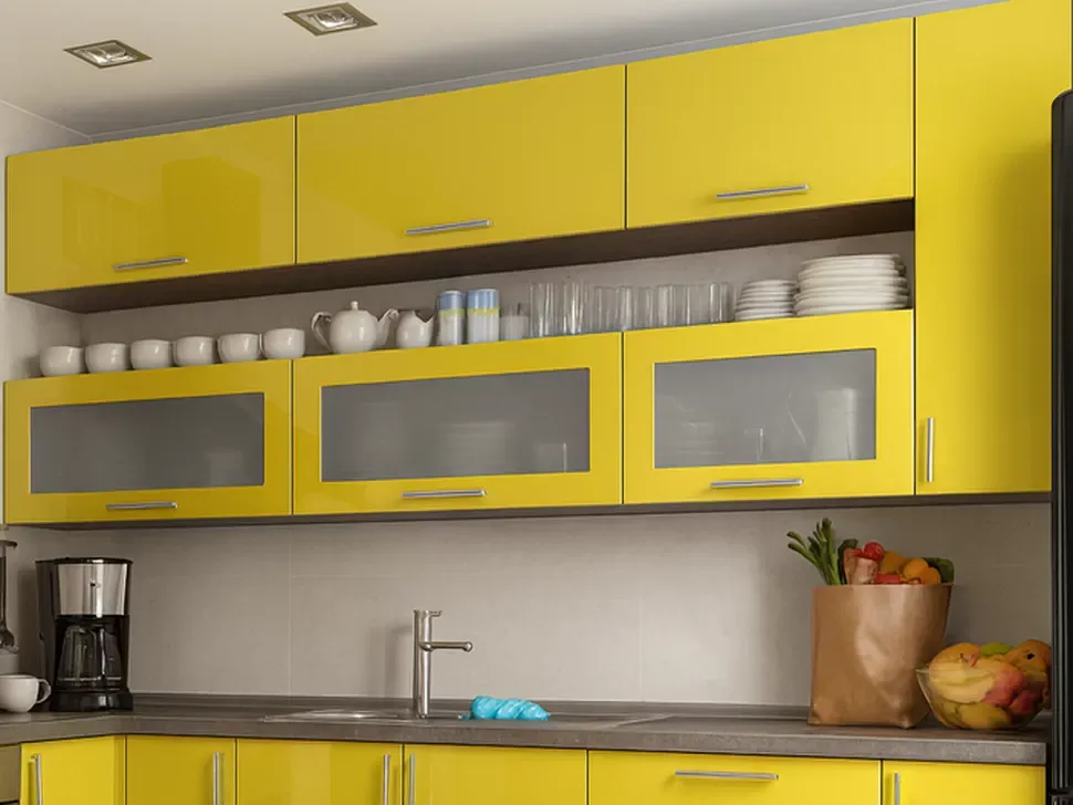 Желтая угловая кухня Color-MIX VIP-Master 2600x1900 верхние шкафы