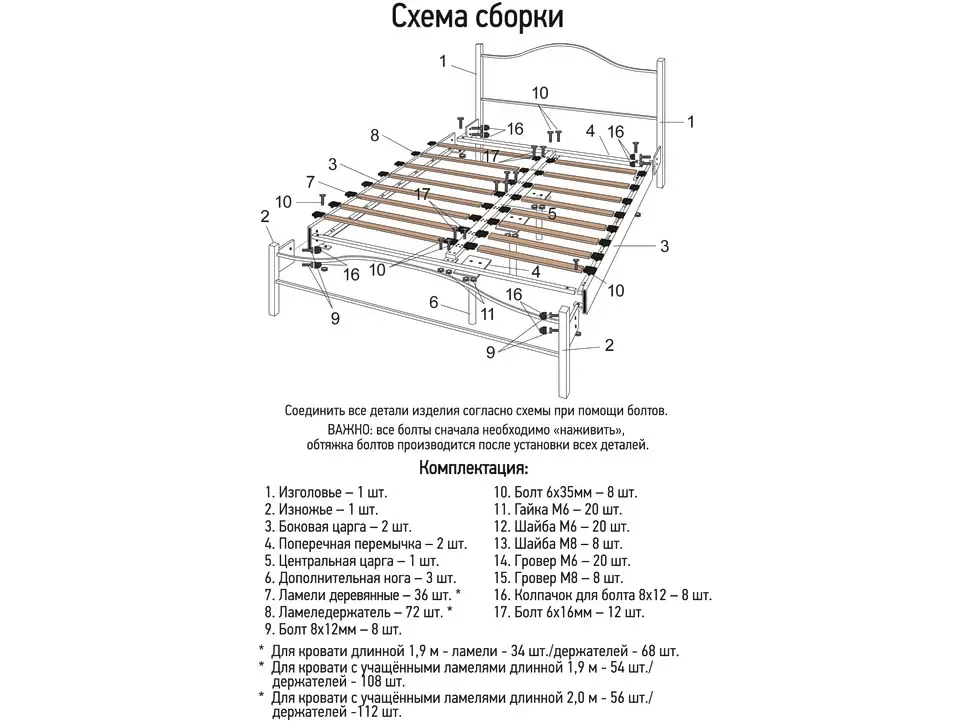 Инструкция по сборке металлической двуспальной кровати Джоконда с деревянными ламелями мебельная фабрика Металл-Дизайн