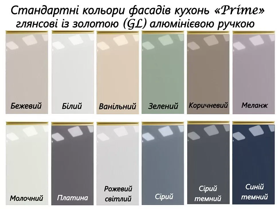Варіанти пофарбування глянсових МДФ фасадів для кухні «Prime» з інтегрованою золотою ручкою GL Віп-Майстер Варіанти пофарбування глянсових МДФ фасадів для кухні «Prime» з інтегрованою золотою ручкою GL Віп-Майстер