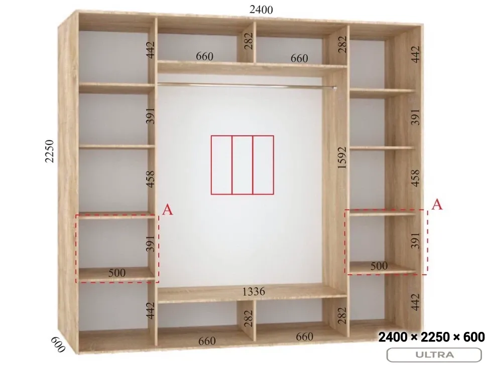 Розміри шафи-купе 2400×2250×600 Фенікс Ультра Розміри шафи-купе 2400×2250×600 Фенікс Ультра