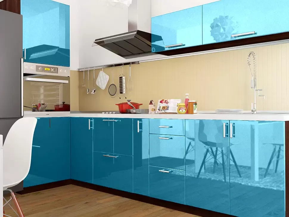 Голубой металлик угловая кухня Color-MIX VIP-Master 3000x2140x1200
