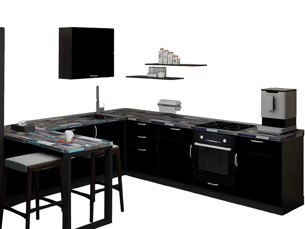 Черный, LuxeForm 38 Мм Угловая кухня Idea 3×2,6 м (со столом 1,2×0,6 м) фасады LuxeForm Рост Черный, LuxeForm 38 Мм Угловая кухня Idea 3×2,6 м (со столом 1,2×0,6 м) фасады LuxeForm Рост