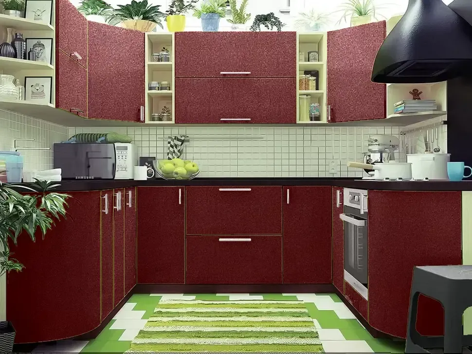 Бордовая Угловая кухня  МоДа VIP-Master П-образная 6,2 метра (1,9x2,4x1,9)