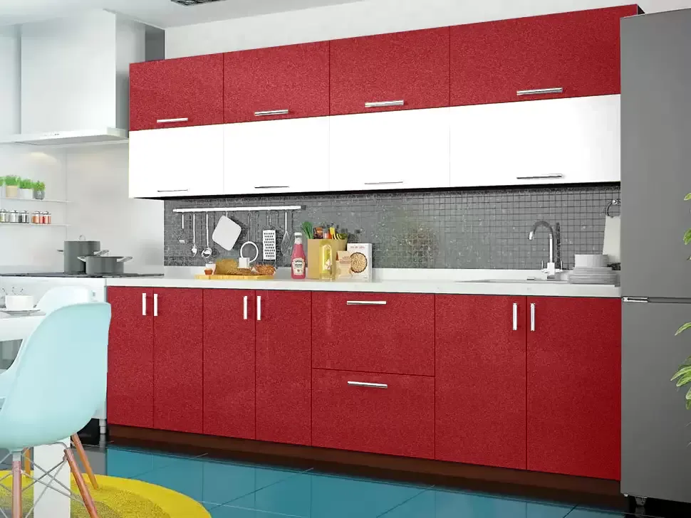 Двухцветная бело-красная металлик кухня Color-MIX VIP-Master 2.6 метра Двухцветная бело-красная металлик кухня Color-MIX VIP-Master 2.6 метра