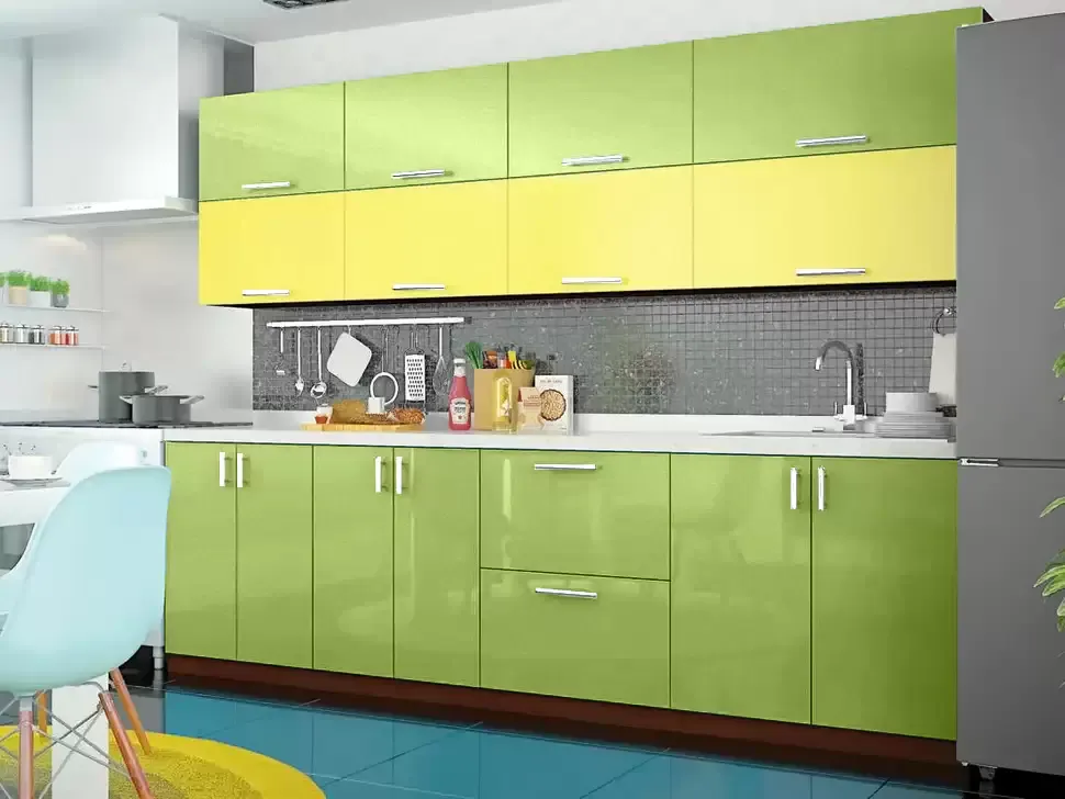 Двухцветная жолто-салатовая металлик кухня Color-MIX VIP-Master 2.6 метра Двухцветная жолто-салатовая металлик кухня Color-MIX VIP-Master 2.6 метра