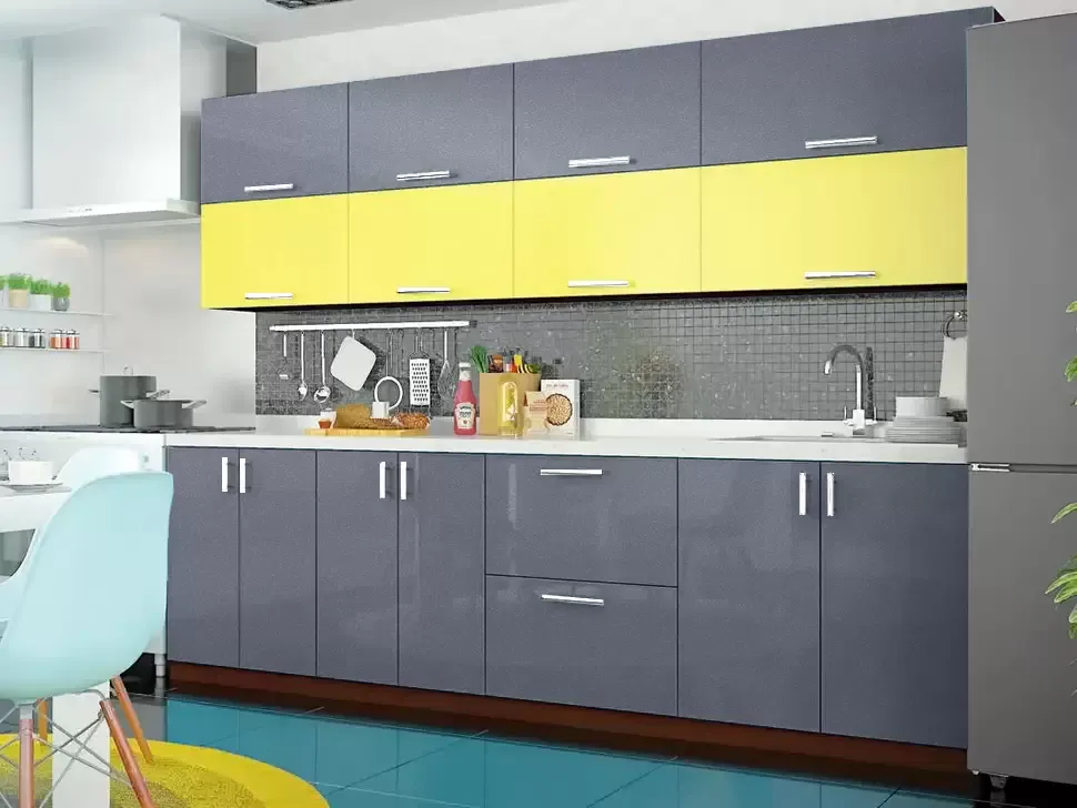 Двухцветная серо-желтая металлик кухня Color-MIX VIP-Master 2.6 метра Двухцветная серо-желтая металлик кухня Color-MIX VIP-Master 2.6 метра