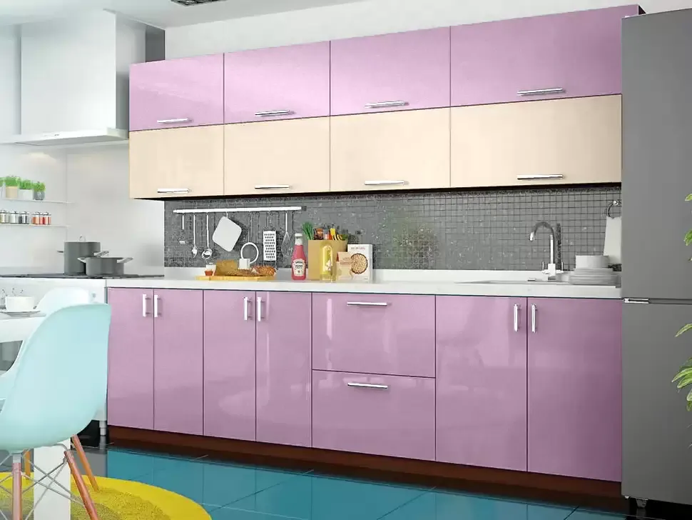 Двухцветная бело-розовая металлик кухня Color-MIX VIP-Master 2.6 метра Двухцветная бело-розовая металлик кухня Color-MIX VIP-Master 2.6 метра