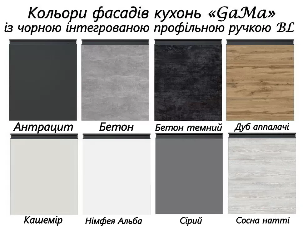 Варианты фасадов для кухни GaMa с черной интегрированной алюминиевой ручкой BL Варианты фасадов для кухни GaMa с черной интегрированной алюминиевой ручкой BL