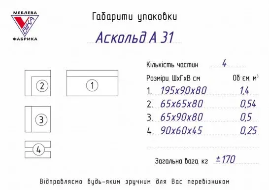 Габариты упаковки углового дивана Аскольд А-31 мебельной фабрики Вика