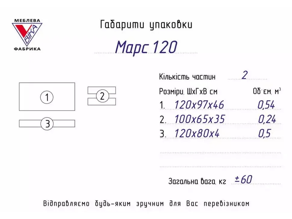 Размеры упаковки дивана Марс-120 мебельной фабрики Вика Размеры упаковки дивана Марс-120 мебельной фабрики Вика