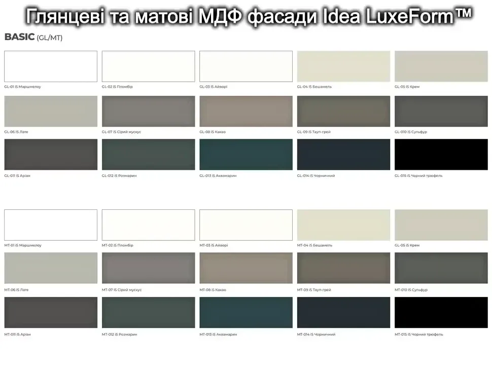 Варианты ламинированных МДФ фасадов idea LuxeForm™ для кухонь и модулей Рост™