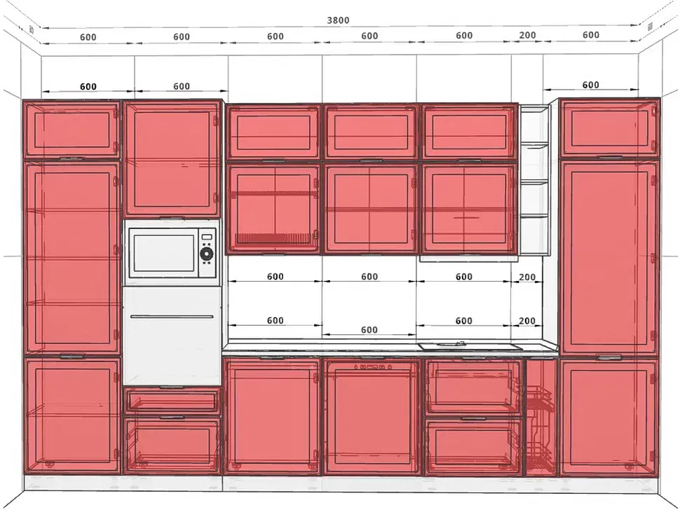 Розмири модульної кухні 3800 мм класичні МДФ фасади Тревізо LuxeForm Рост™