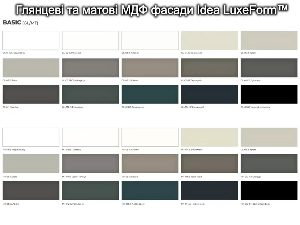 Варіанти ламінованих МДФ фасадів idea LuxeForm™ для кухонь та модулів Рост™ Варіанти ламінованих МДФ фасадів idea LuxeForm™ для кухонь та модулів Рост™