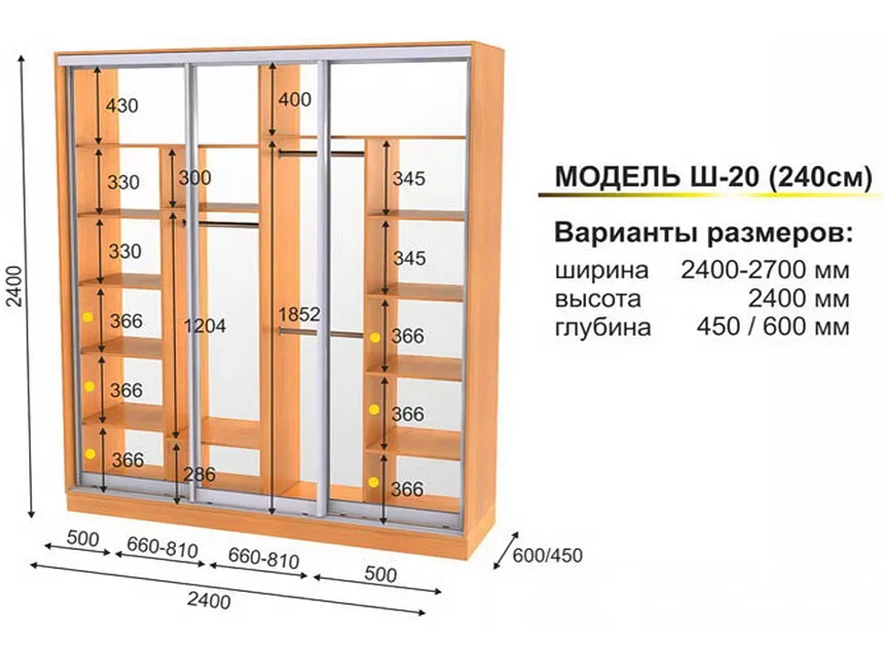 Шкаф-купе четырехдверный Ш-20 2400x2400x450 Феникс фото 2