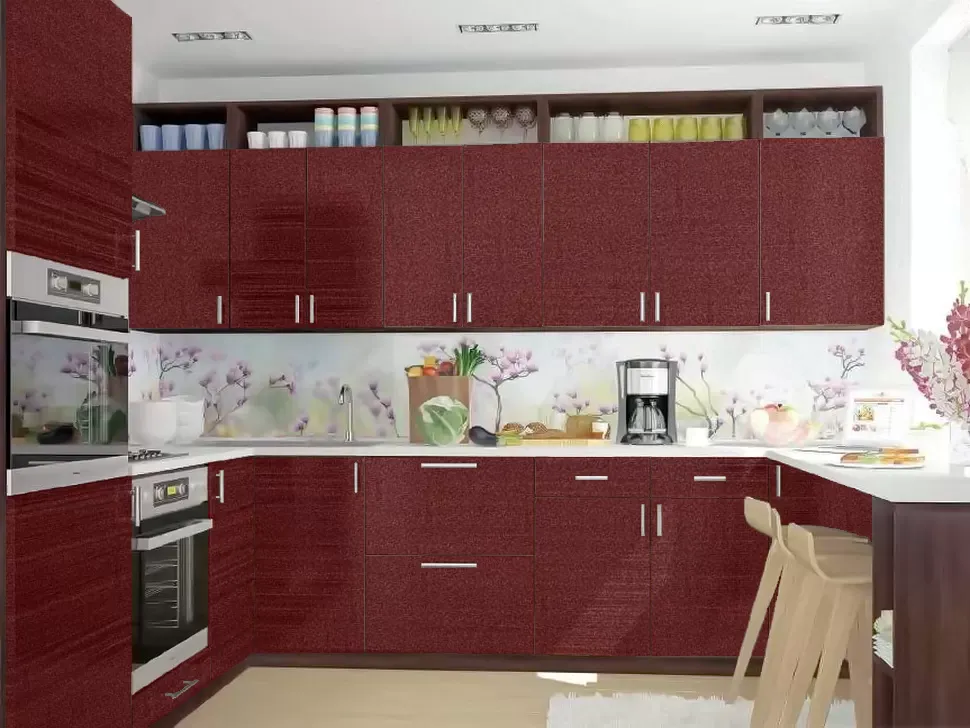Бордовая П-образная кухня МоДа VIP-Master 7 метров (2,9x2,2x2,2) с пеналом и столом Бордовая П-образная кухня МоДа VIP-Master 7 метров (2,9x2,2x2,2) с пеналом и столом
