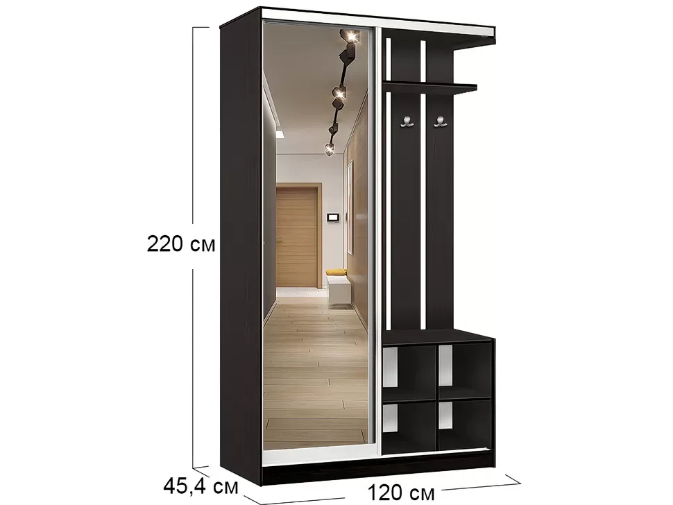 Размеры шкафа-купе прихожая Альфа зеркало с рисунком ВИП-Мастер 1200x450x2200 1,2 метра