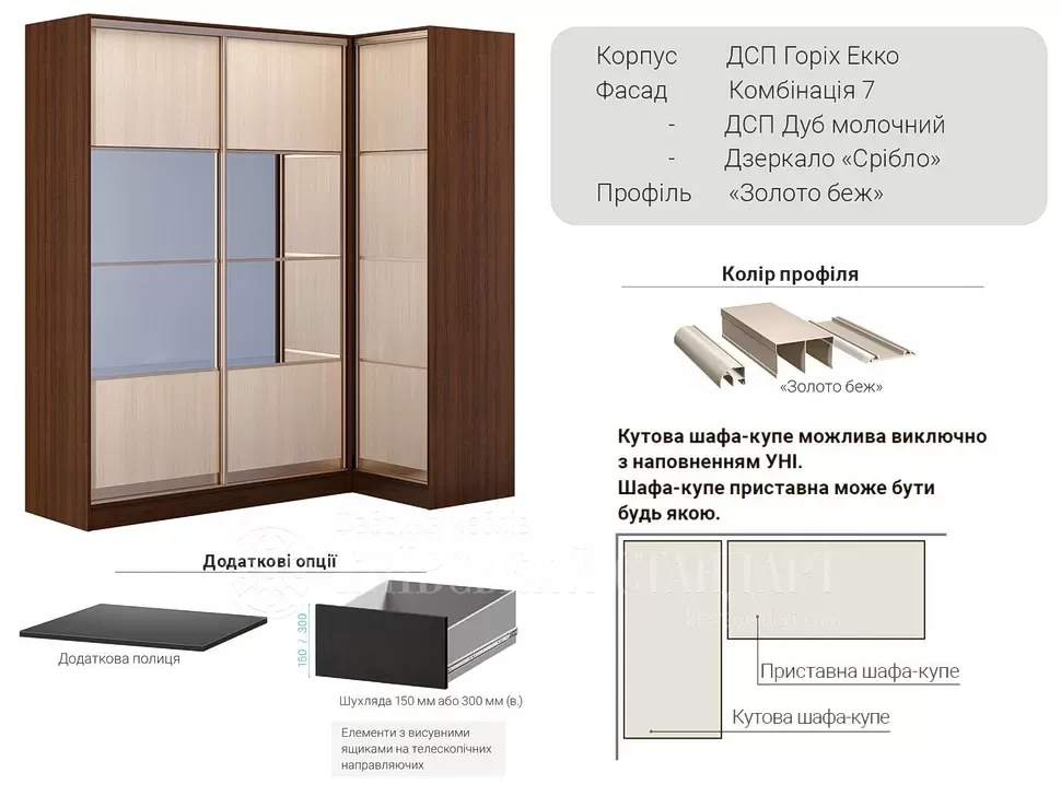 Шкаф-купе дуб Сонома 2,1 метра угловой 2100х450x2400 мебельная фабрика Киевский-Стандарт