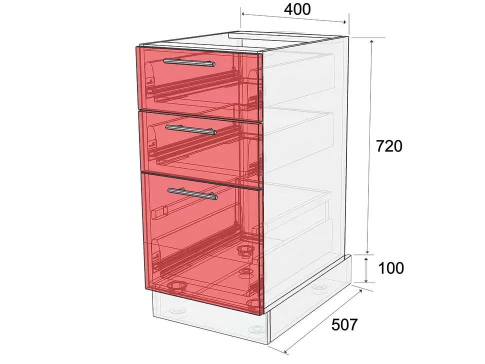 Размеры нижней тумбы с тремя выдвижными ящиками НСЯ3 400x820x507 для кухни Рост™