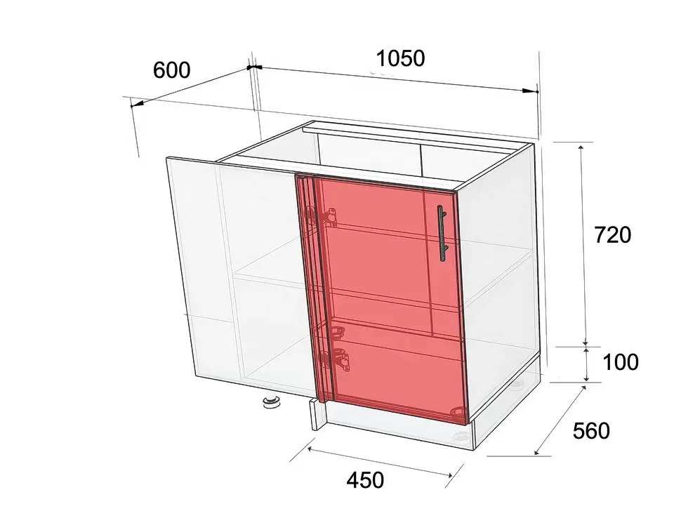Размеры открытой нижней угловой тумбы НСЩ 1050x820x600 для кухни Рост™