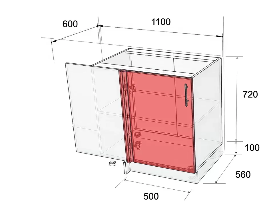 Размеры открытой нижней угловой тумбы НСЩ 1100x820x600 для кухни Рост™