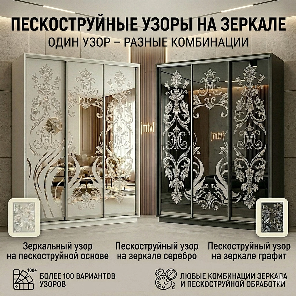 Пример трехдверного шкафа-купе с пескоструйным рисунком