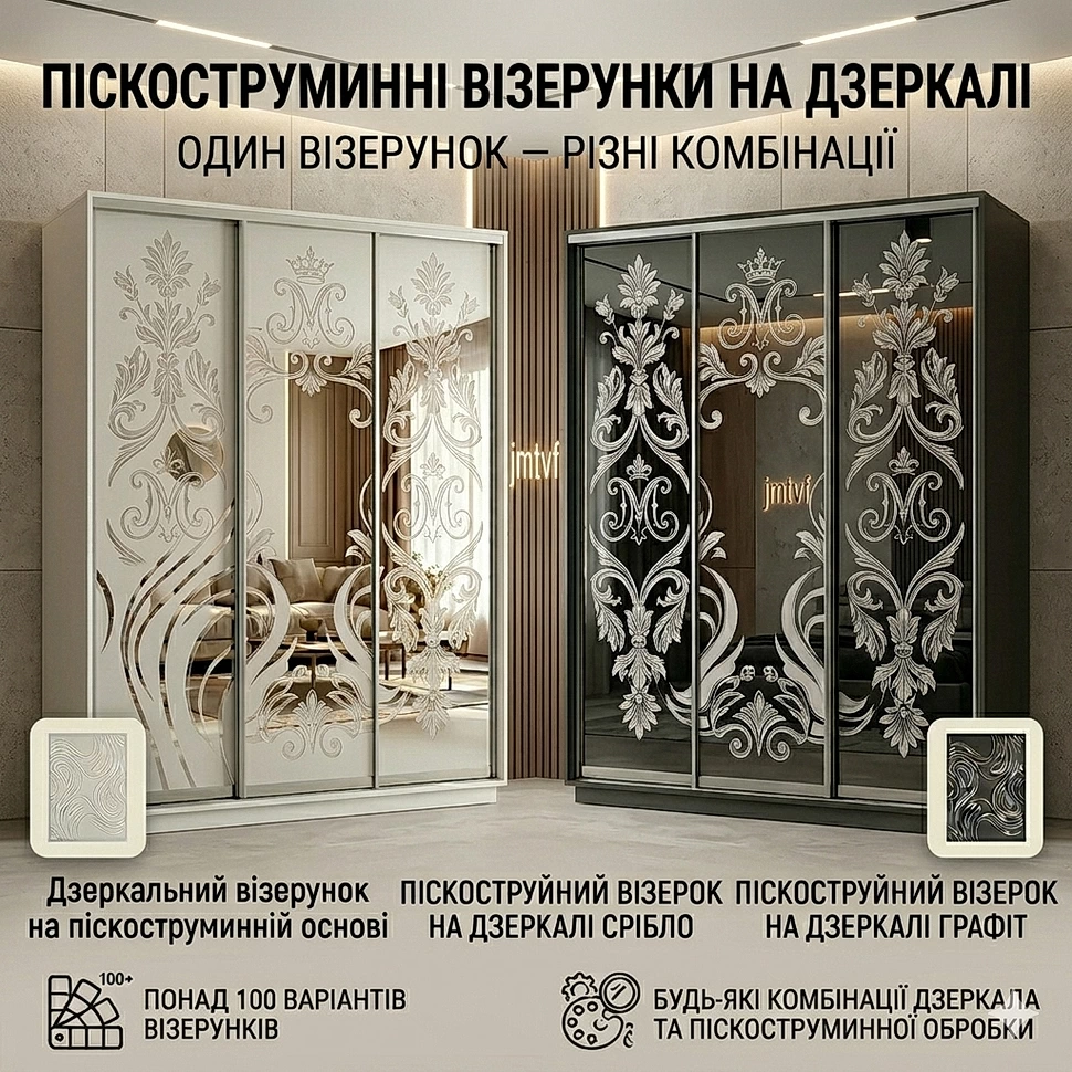 Пример трехдверного шкафа-купе с пескоструйным рисунком