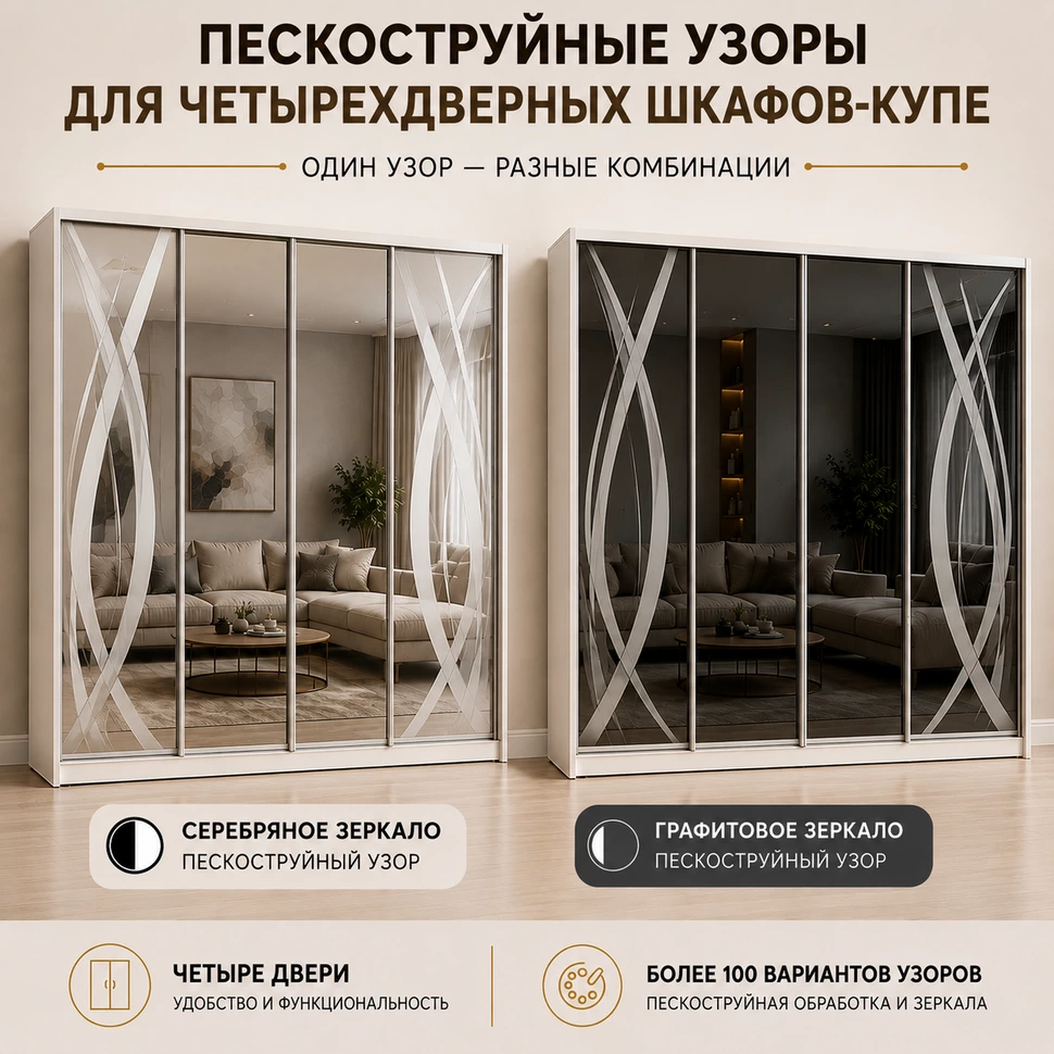 Пример четырехдверного шкафа-купе с пескоструйным рисунком